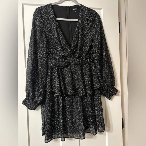 LULUS Tell You I Love You Black Floral Print Twist-Front Tiered Mini Dress Small - Picture 4 of 9
